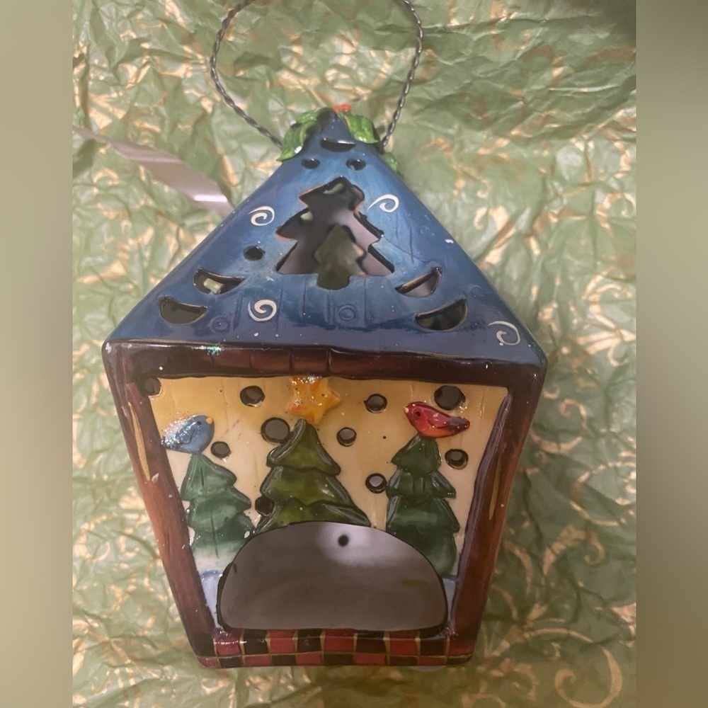 Pair of Lantern Luminaries. Santa & Snowman Holds tealight candle, Wire hanger.